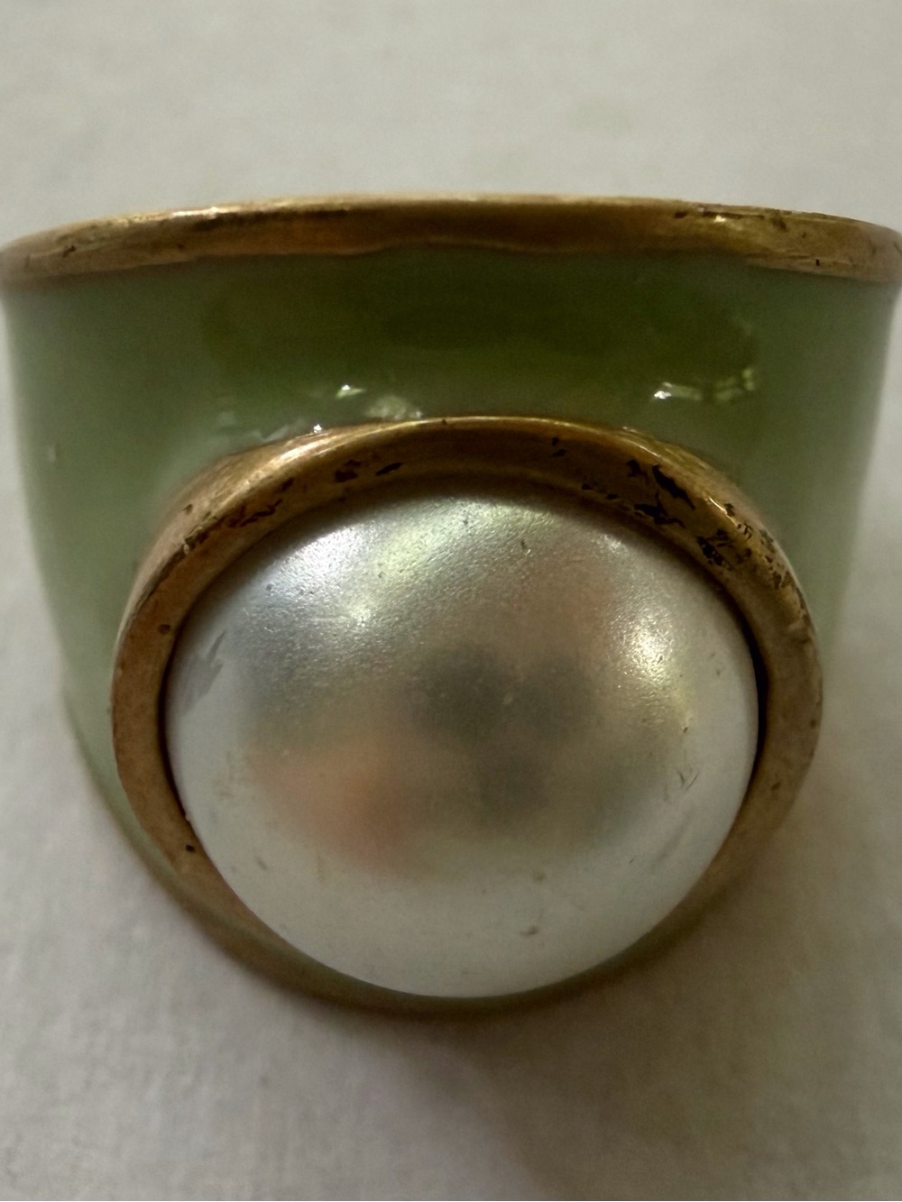 Lia Sophia Green Enamel and Faux Pearl Accent Statement Ring size 6.75